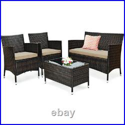 4PCS Rattan Patio Outdoor Furniture Set Cushioned Sofa Chair Table Glass Top