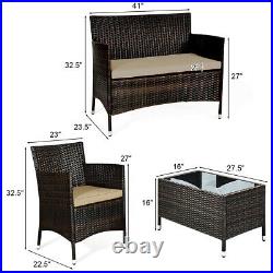 4PCS Rattan Patio Outdoor Furniture Set Cushioned Sofa Chair Table Glass Top