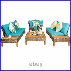 4PCS Rattan Wicker Patio Sofa Set Outdoor Furniture Set with Turquoise Cushions