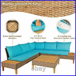 4PCS Rattan Wicker Patio Sofa Set Outdoor Furniture Set with Turquoise Cushions
