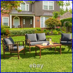 4PCS Wooden Patio Furniture Set Table Sofa Chair Cushioned Garden Outdoor