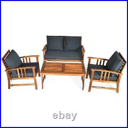 4PCS Wooden Patio Furniture Set Table Sofa Chair Cushioned Garden Outdoor