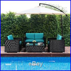 4PC Rattan Patio Furniture Set Outdoor Wicker With Blue Cushion