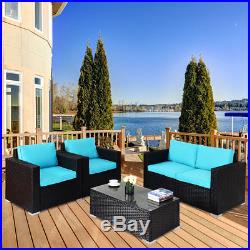 4PC Rattan Patio Furniture Set Outdoor Wicker With Blue Cushion