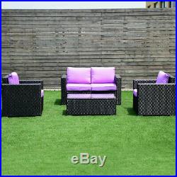 4PC Rattan Patio Furniture Set Outdoor Wicker With Purple Cushion