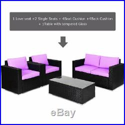 4PC Rattan Patio Furniture Set Outdoor Wicker With Purple Cushion