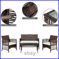 4PC Rattan Patio Furniture Set Outdoor Wicker With White Cushions Loveseat Table