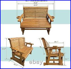 4 Feet Solid Fir Wood Patio Glider with Cupholders Roll Back Deep Seat