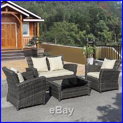 4 PCS Brown Wicker Cushioned Rattan Patio Set Garden Lawn Sofa Furniture Seat