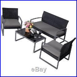4 PCS Outdoor Patio Garden Black Rattan Wicker Sofa Set Furniture Cushioned