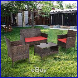 4 PCS Outdoor Patio Rattan Furniture Set Table Shelf Sofa WithRed Cushions NEW