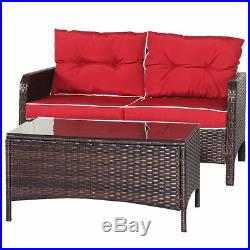 4 PCS Outdoor Patio Rattan Wicker Furniture Set Sofa Loveseat WithRed Cushion