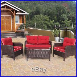 4 PCS Outdoor Patio Rattan Wicker Furniture Set Sofa Loveseat WithRed Cushion New