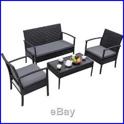 4 PCS Outdoor Patio Rattan Wicker Furniture Set Table Sofa Cushioned Deck Black
