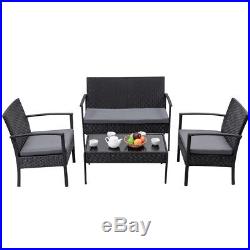 4 PCS Outdoor Patio Rattan Wicker Furniture Set Table Sofa Cushioned Deck Black