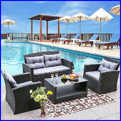 4 PCS Outdoor Patio Rattan Wicker Sofa Set Furniture Cushion Conversation Table
