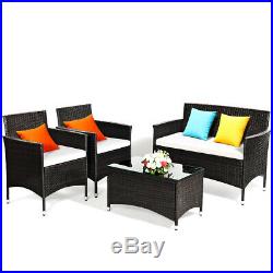 4 PCS Patio Garden Rattan Furniture Set Coffee Table Cushioned Sofa Brown