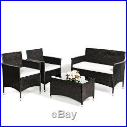 4 PCS Patio Garden Rattan Furniture Set Coffee Table Cushioned Sofa Brown