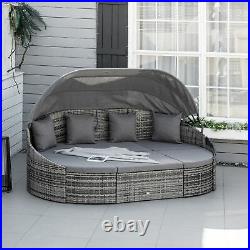 4 PCS Patio PE Rattan Wicker Lounge Set, Round Sofa Bed with Cannopy & Cushions