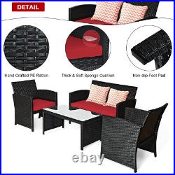 4 PCS Patio Rattan Furniture Conversation Set Cushion Sofa Table Garden Red
