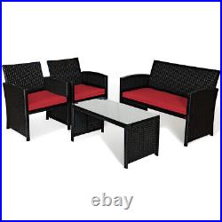 4 PCS Patio Rattan Furniture Conversation Set Cushion Sofa Table Garden Red