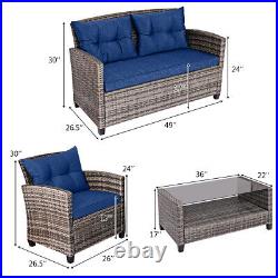 4 PCS Patio Rattan Furniture Set Coffee Table Cushioned Sofa Garden Lawn Navy