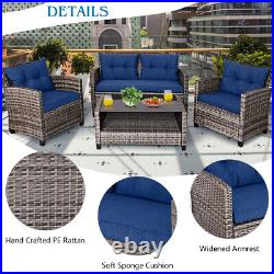 4 PCS Patio Rattan Furniture Set Coffee Table Cushioned Sofa Garden Lawn Navy