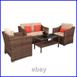 4 PCS Patio Rattan Furniture Set Cushioned Sofa Coffee Table Deck Outdoor Indoor
