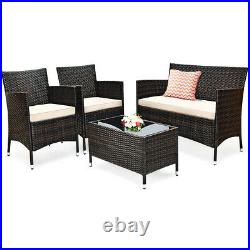 4 PC Patio Rattan Sofa Set Outdoor Loveseat PE Cushioned Couch Wicker Furniture