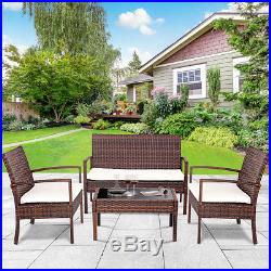 4 PC Rattan Patio Furniture Set Garden Lawn Sofa Cushioned Seat Wicker Sofa