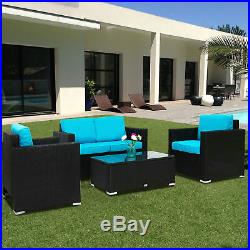 4 Pc Patio Wicker Sofa Sectional Set Couch Outdoor Furniture with Blue Cushion