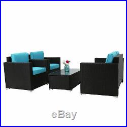 4 Pc Patio Wicker Sofa Sectional Set Couch Outdoor Furniture with Blue Cushion
