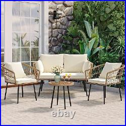 4 Piece Patio Rattan Wicker Furniture Conversation Set Cushioned Sofa and Table