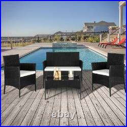 4 Pieces Patio Furniture Black Rattan Wicker Table Sofa Set with White Cushions