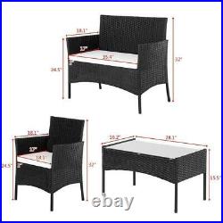 4 Pieces Patio Furniture Black Rattan Wicker Table Sofa Set with White Cushions