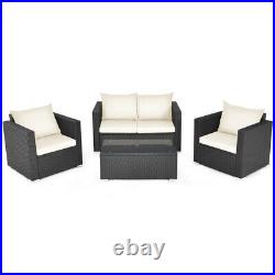4-Pieces Patio Rattan Wicker Furniture Set Outdoor Sectional Sofa White Cushions