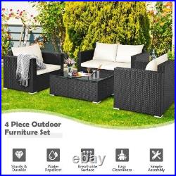 4-Pieces Patio Rattan Wicker Furniture Set Outdoor Sectional Sofa White Cushions