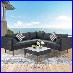 4-pieces Outdoor Wicker Sofa Set Patio Furniture with Colorful Pillows L-shape