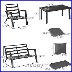4pc Outdoor Furniture Set, Sofa, 2 Chairs, Coffee Table, Padded Cushions, Black