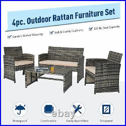4pc Wicker Patio Furniture Set with Outdoor Sofa 2 Chairs & Table Charcoal Beige