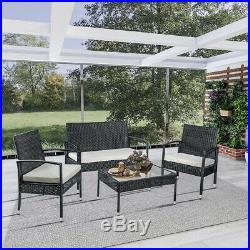 4pcs Rattan Patio Furniture Set Garden Outdoor Sofa Set Cushion Seat Glass Table
