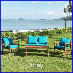 4pcs Wooden Patio Furniture Set Table & Sectional Sofa with Turquoise Cushion