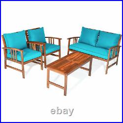 4pcs Wooden Patio Furniture Set Table & Sectional Sofa with Turquoise Cushion
