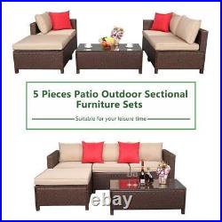 5PCS Livingroom Rattan Wicker Sectional Sofa Patio Furniture Ottoman Cushion Set