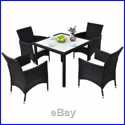 5PCS Outdoor Patio Black Rattan Table Chair Furniture Set With Seat Cushions New