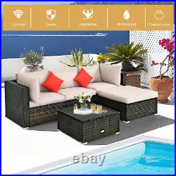5PCS Outdoor Patio Rattan Furniture Set Sectional Conversation WithBeige Cushion