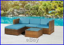 5PCS Patio Furniture Sectional Sofa Set Outdoor Rattan Wicker Sofa Blue Cushions