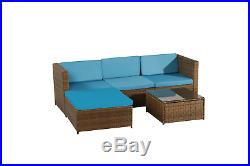 5PCS Patio Furniture Sectional Sofa Set Outdoor Rattan Wicker Sofa Blue Cushions