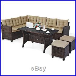 5PCS Patio Rattan Dining Set Cushioned Sofa Ottoman Slat Table Garden Furniture