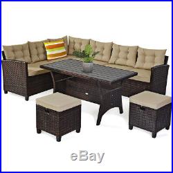 5PCS Patio Rattan Dining Set Cushioned Sofa Ottoman Slat Table Garden Furniture